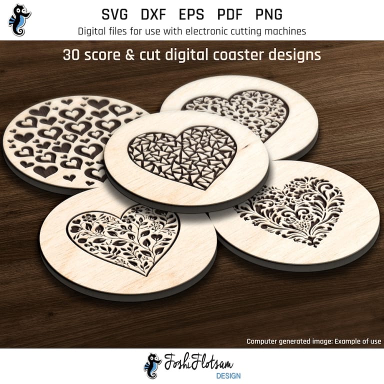 First 5 of 30 heart coasters included in this coaster SVG bundle.